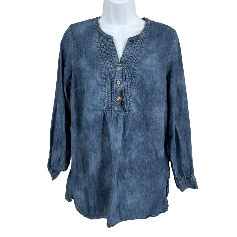 Pure Jill Indigo Tunic Women S Blue Cotton Pintuck Henley Denim Boho Minimalist
